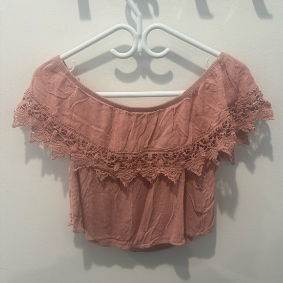 Streetwear Society Pink Women's Lace Trim Off-Shoulder Top - Picture 7 of 7